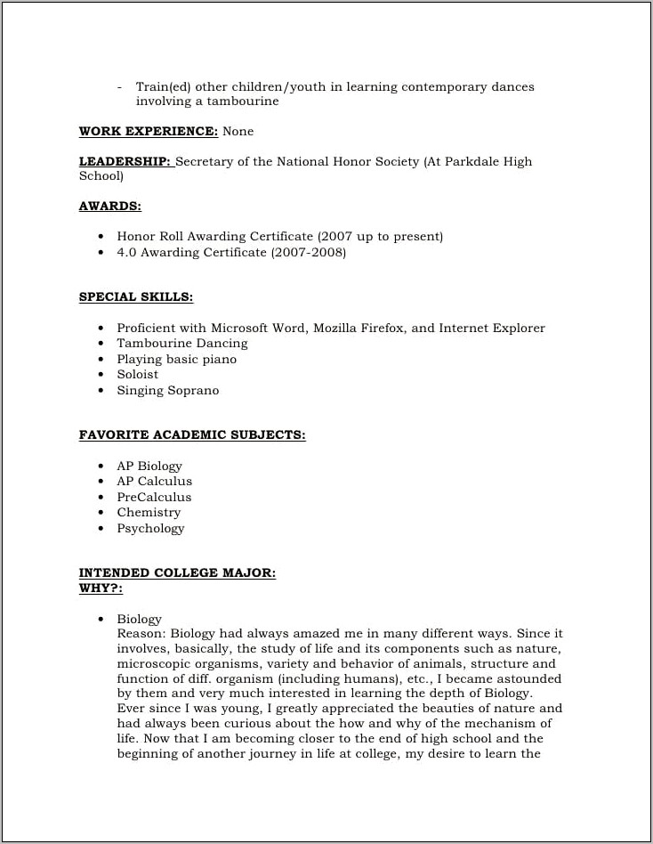 Example Of High School Work Resume