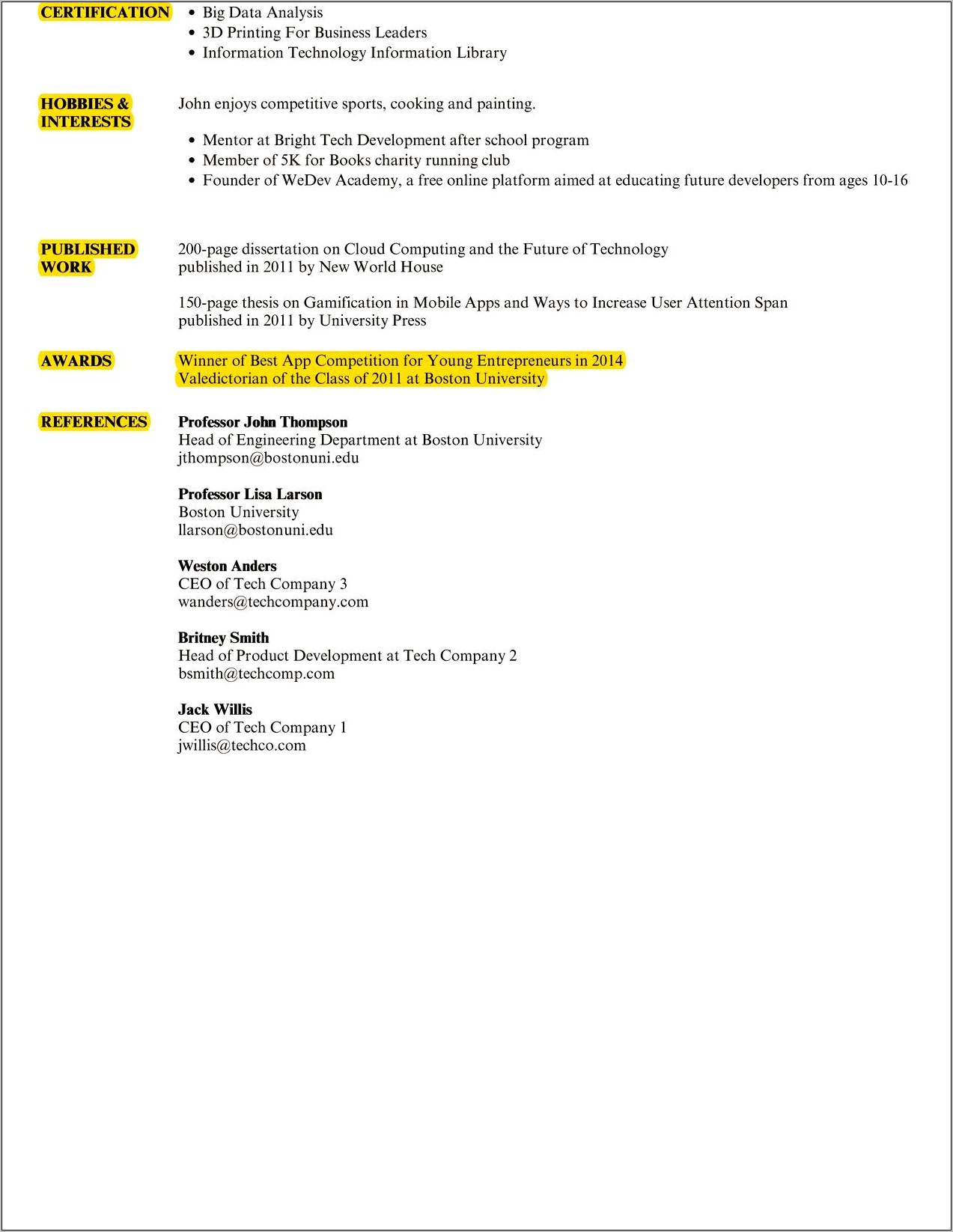 Example Of Hobbies In A Resume