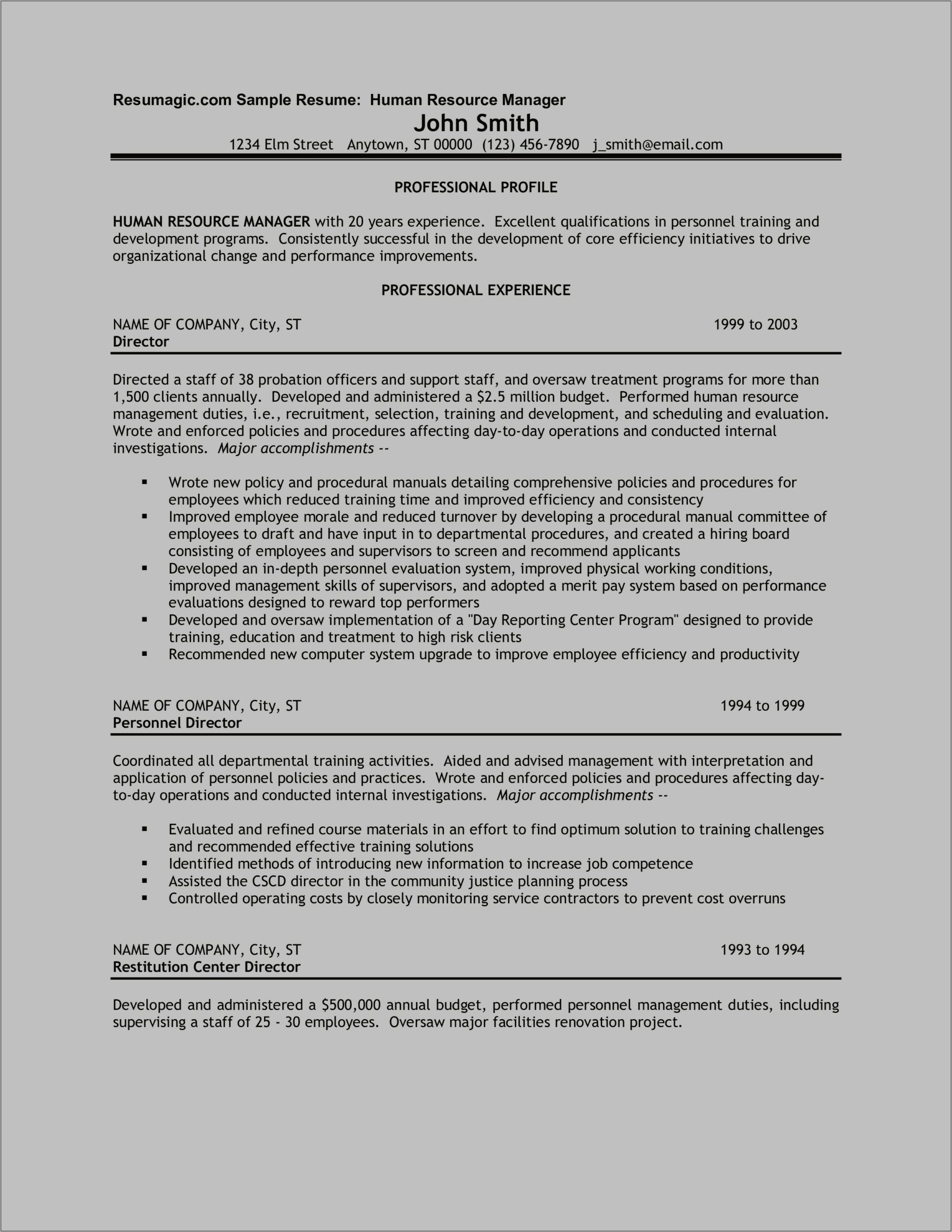 Example Of Human Resource Manager Resume