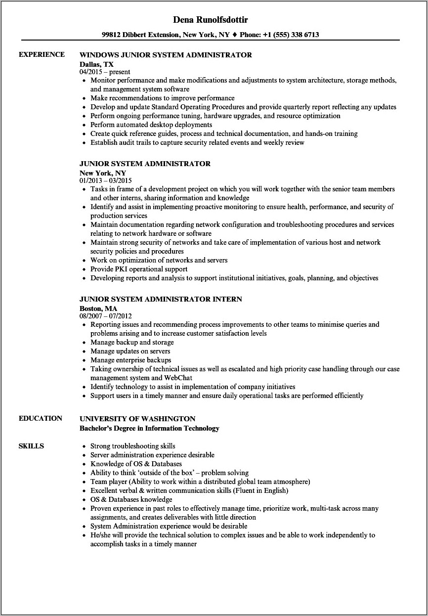 Example Of It Systems Administrator Resume