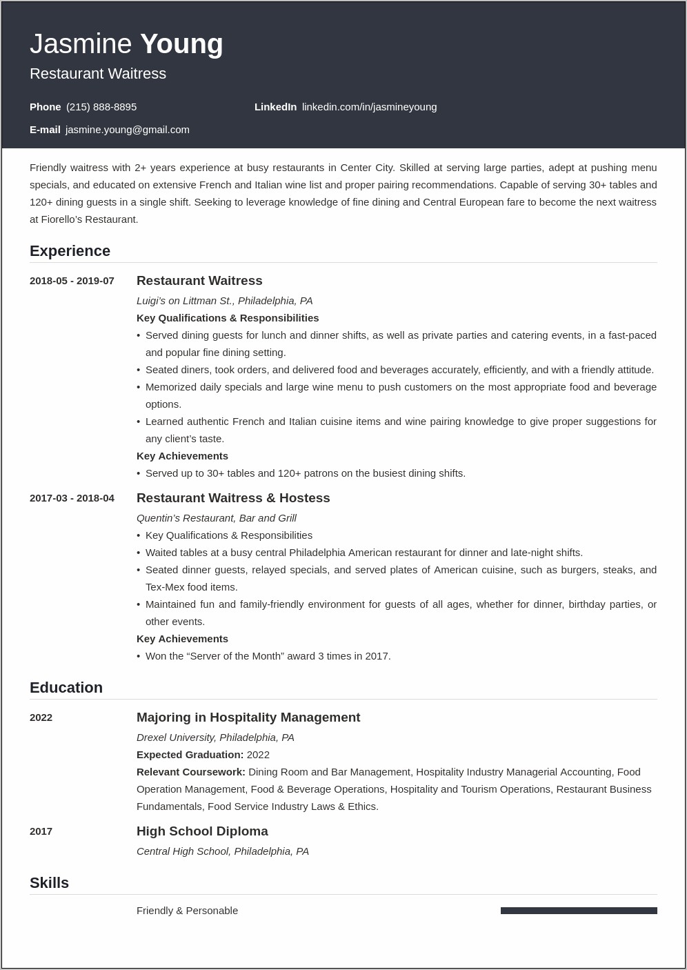 Example Of Manager Of Wait Staff Resume