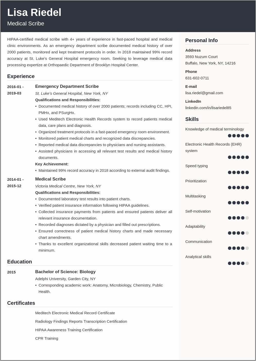 Example Of Medical Scribe Resume