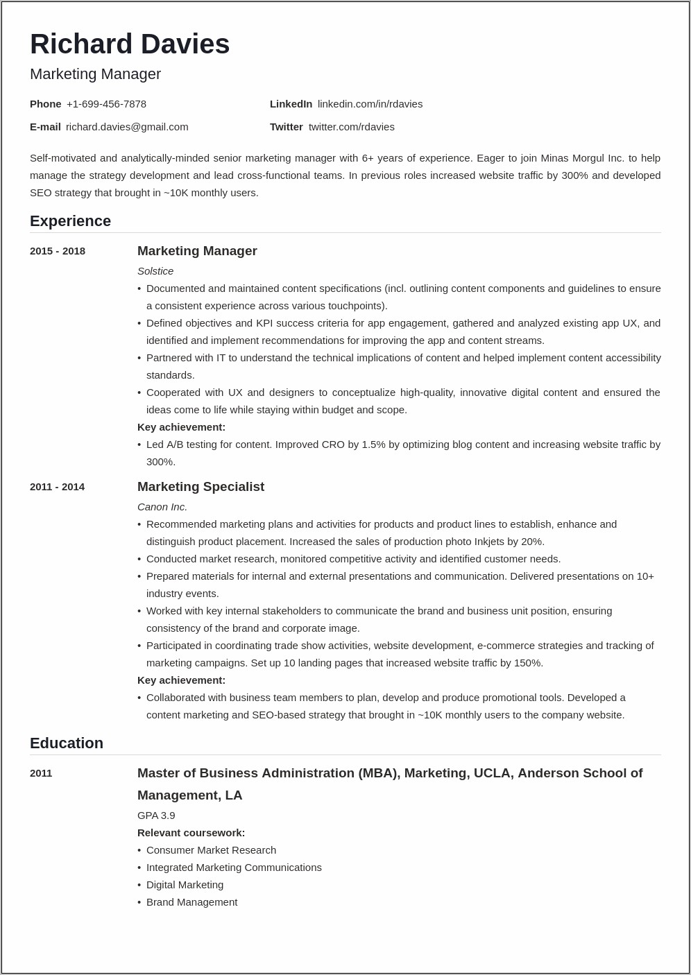Example Of Objective In Resume For Marketing