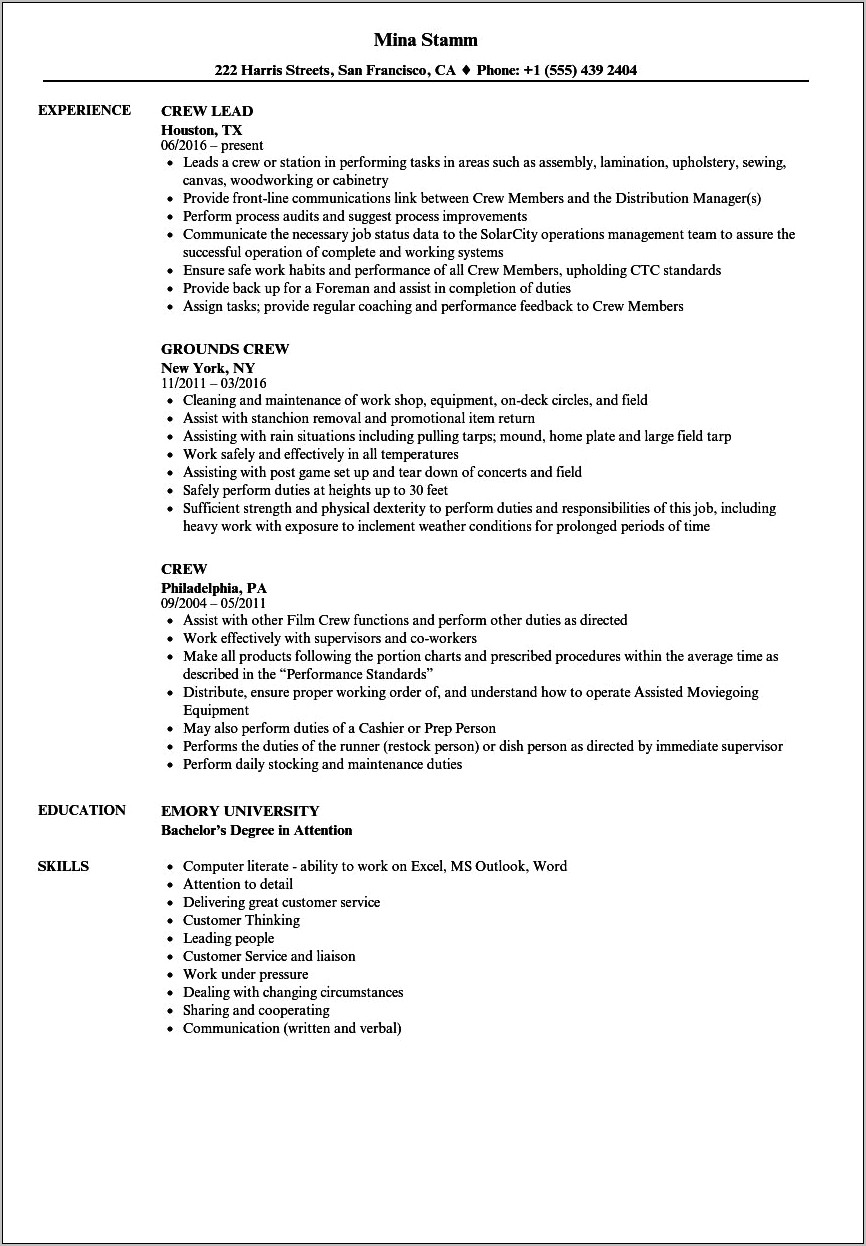 Example Of Objectives In Resume For Service Crew