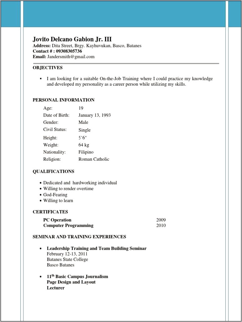 Example Of Ojt Objectives In Resume