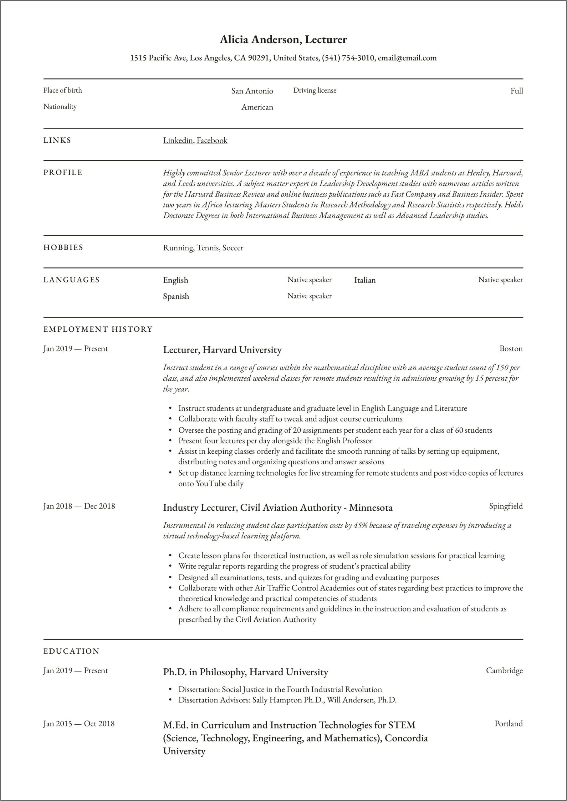 Example Of Part Time Faculty Resume