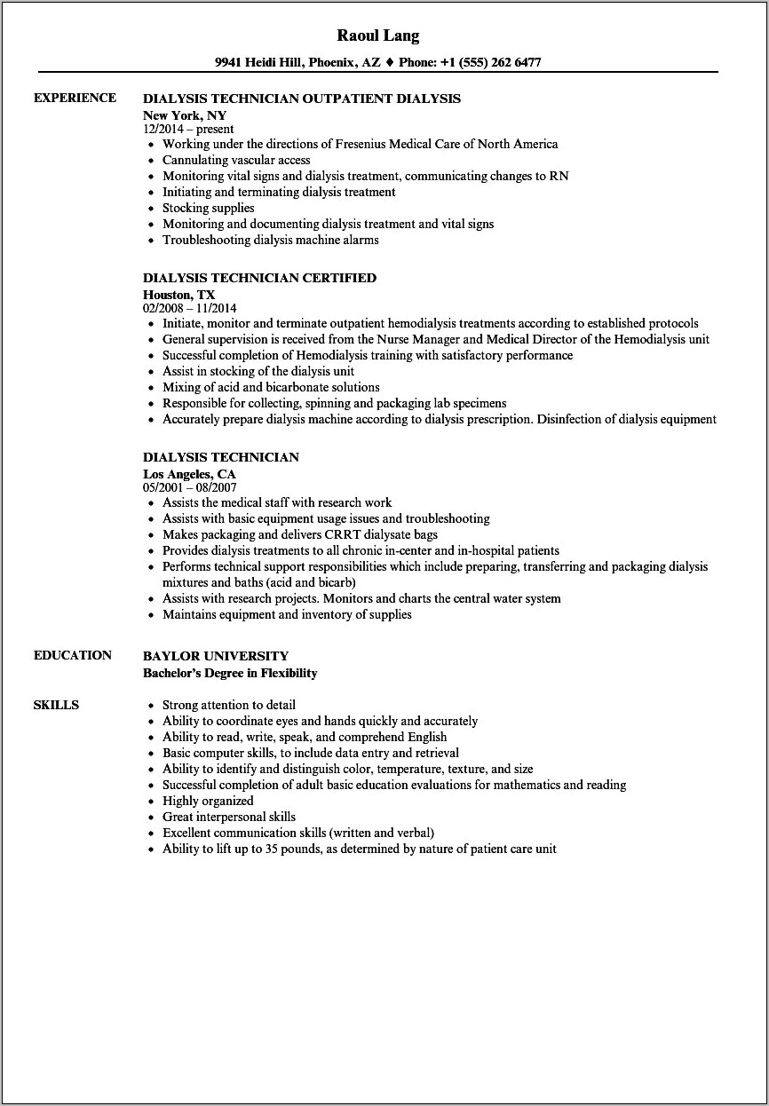 Example Of Patient Care Technician Resume
