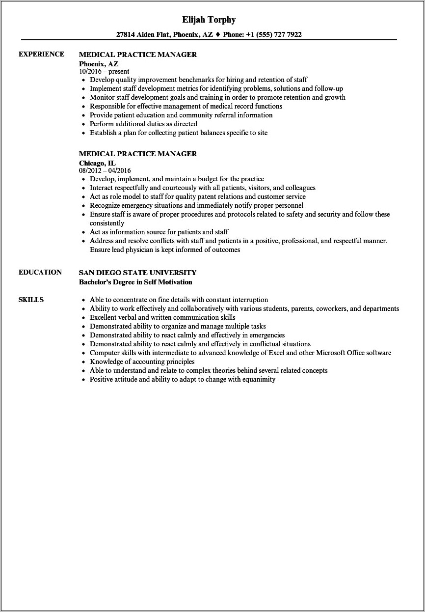 Example Of Practice Manager Resume