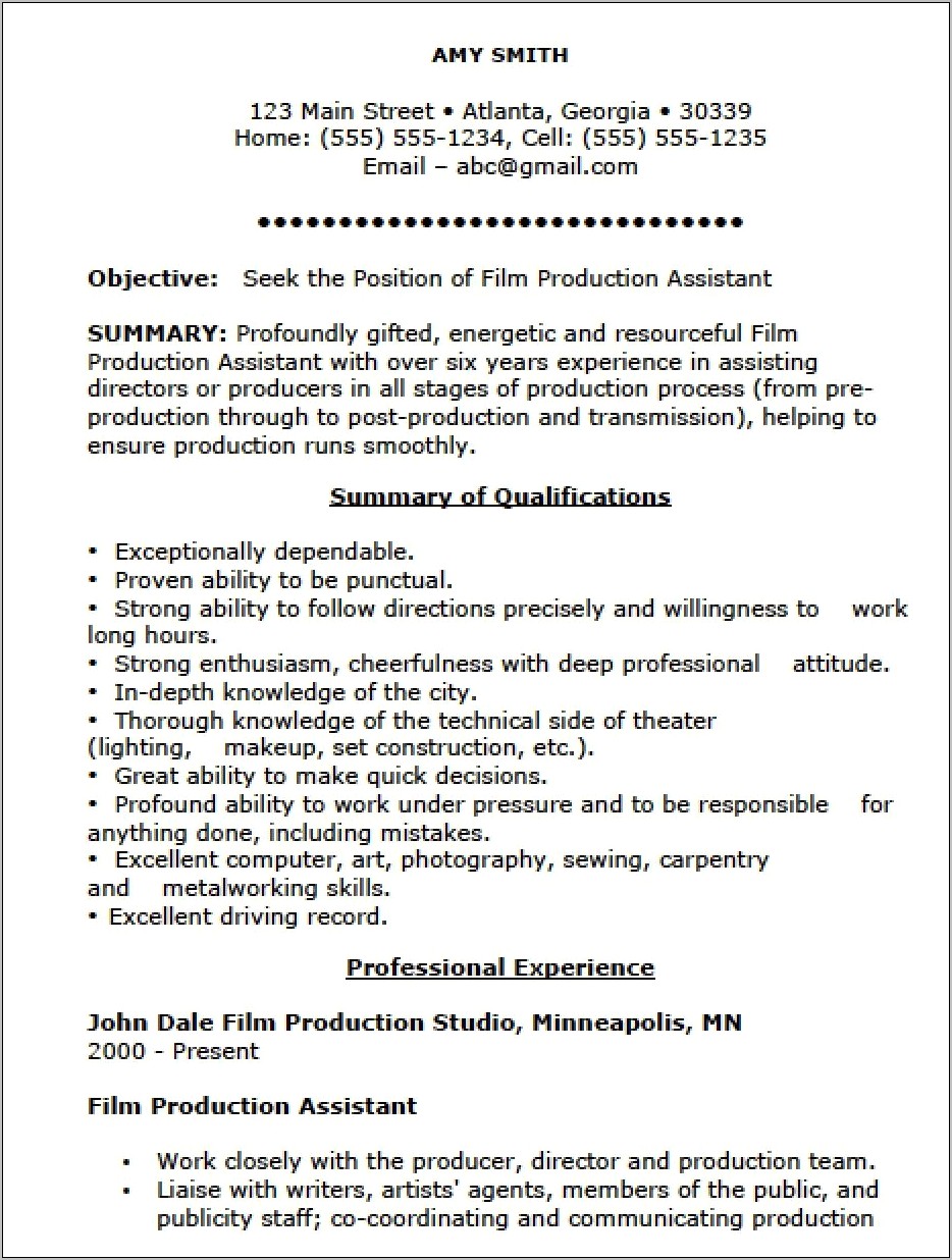Example Of Production Assistant Resume