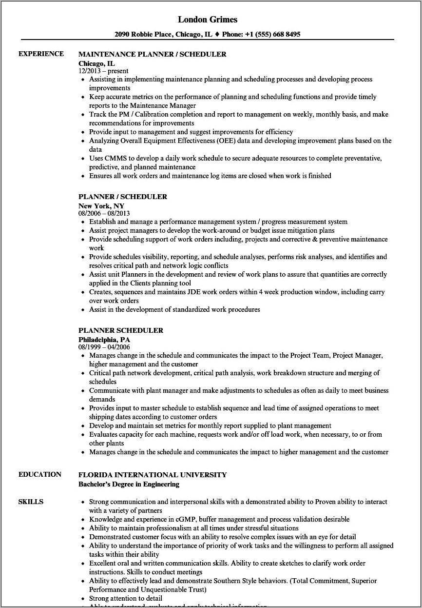 Example Of Production Planner Resume