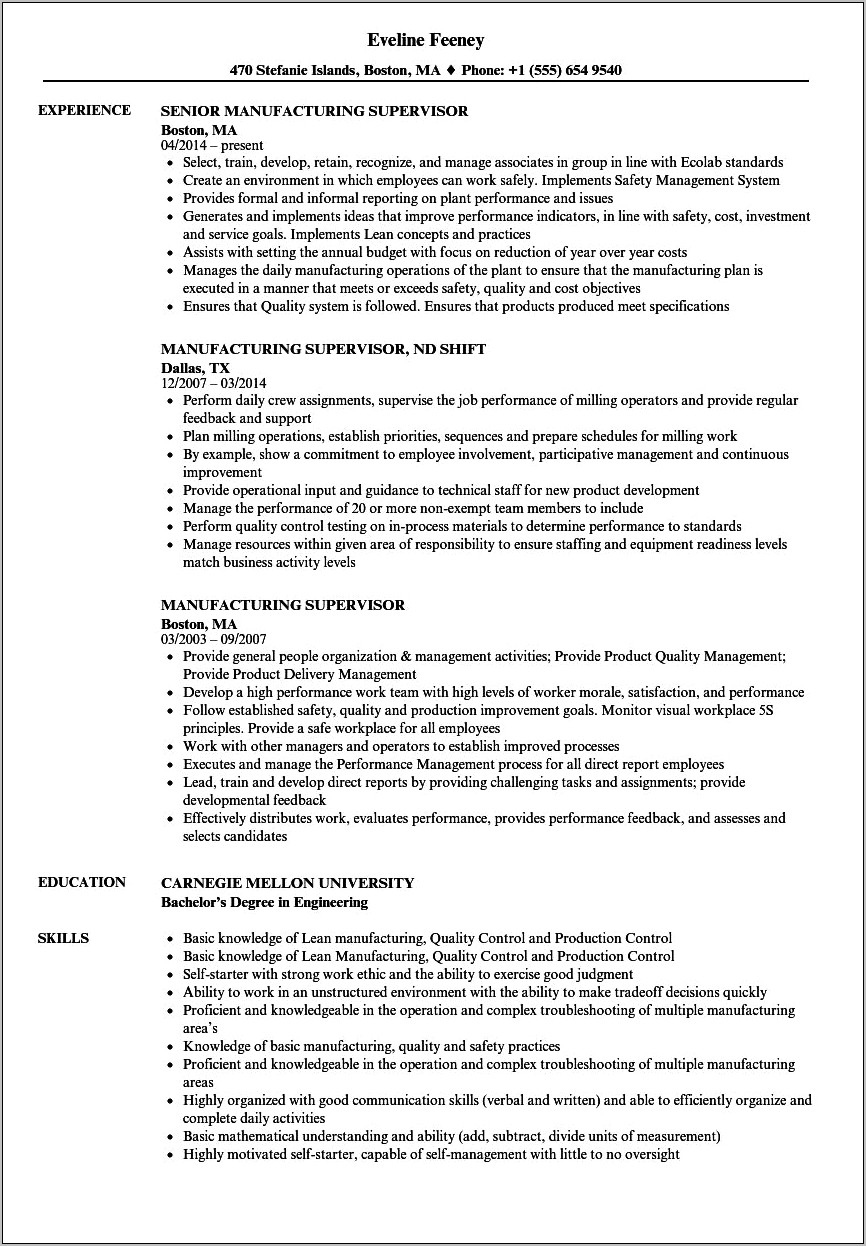 Example Of Production Supervisor Resume
