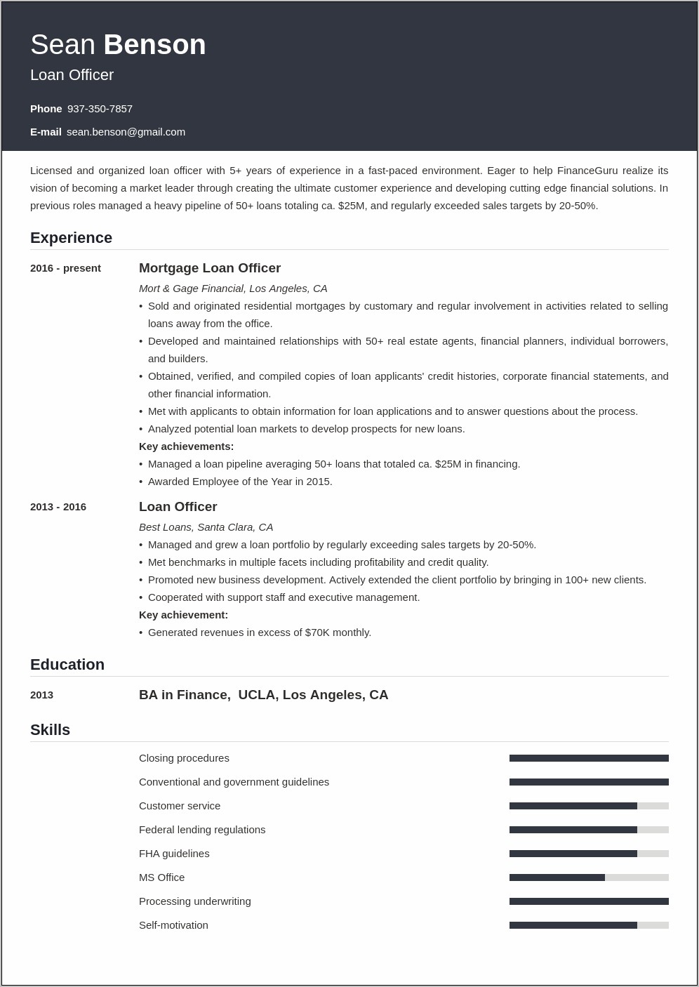 Example Of Professional Resume To Obtain Loan