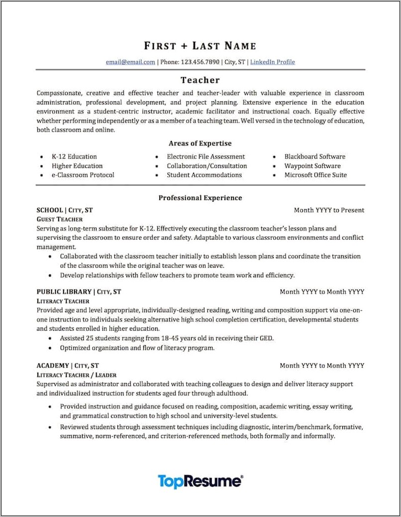 Example Of Resume Applying As A Teacher