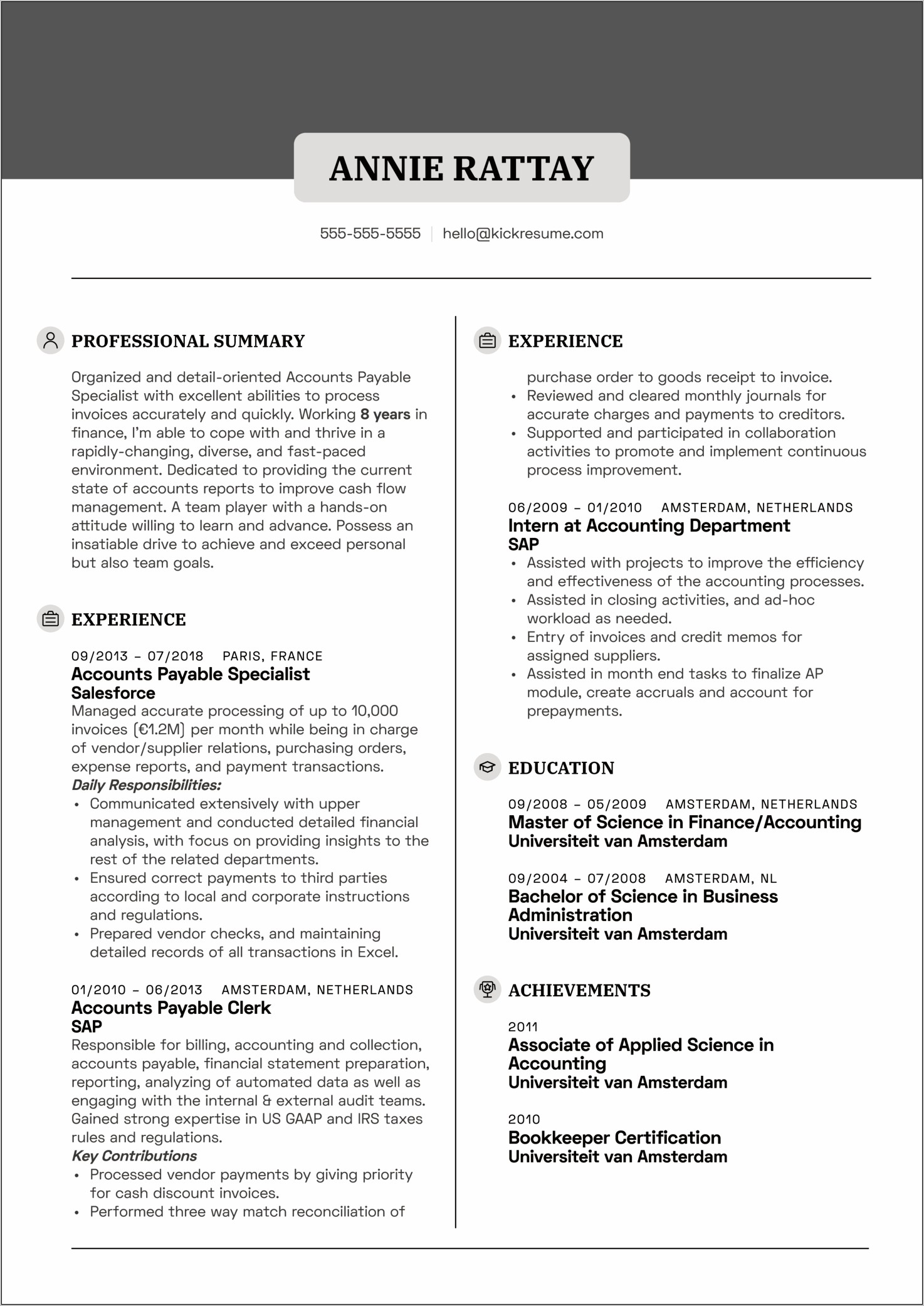 Example Of Resume Content For Accounts Payable Position
