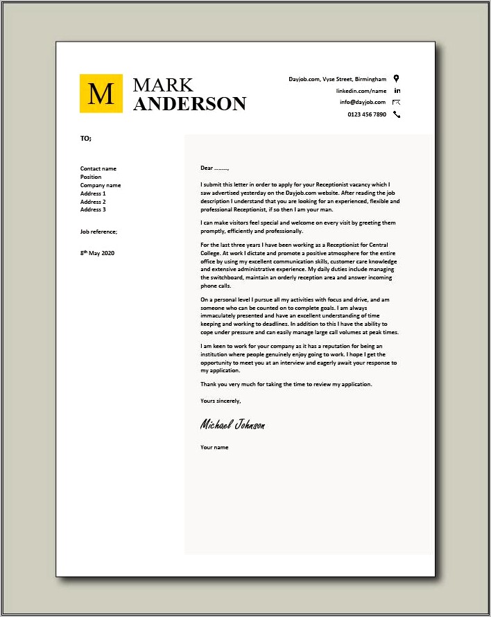 Example Of Resume Cover Letter For Receptionist