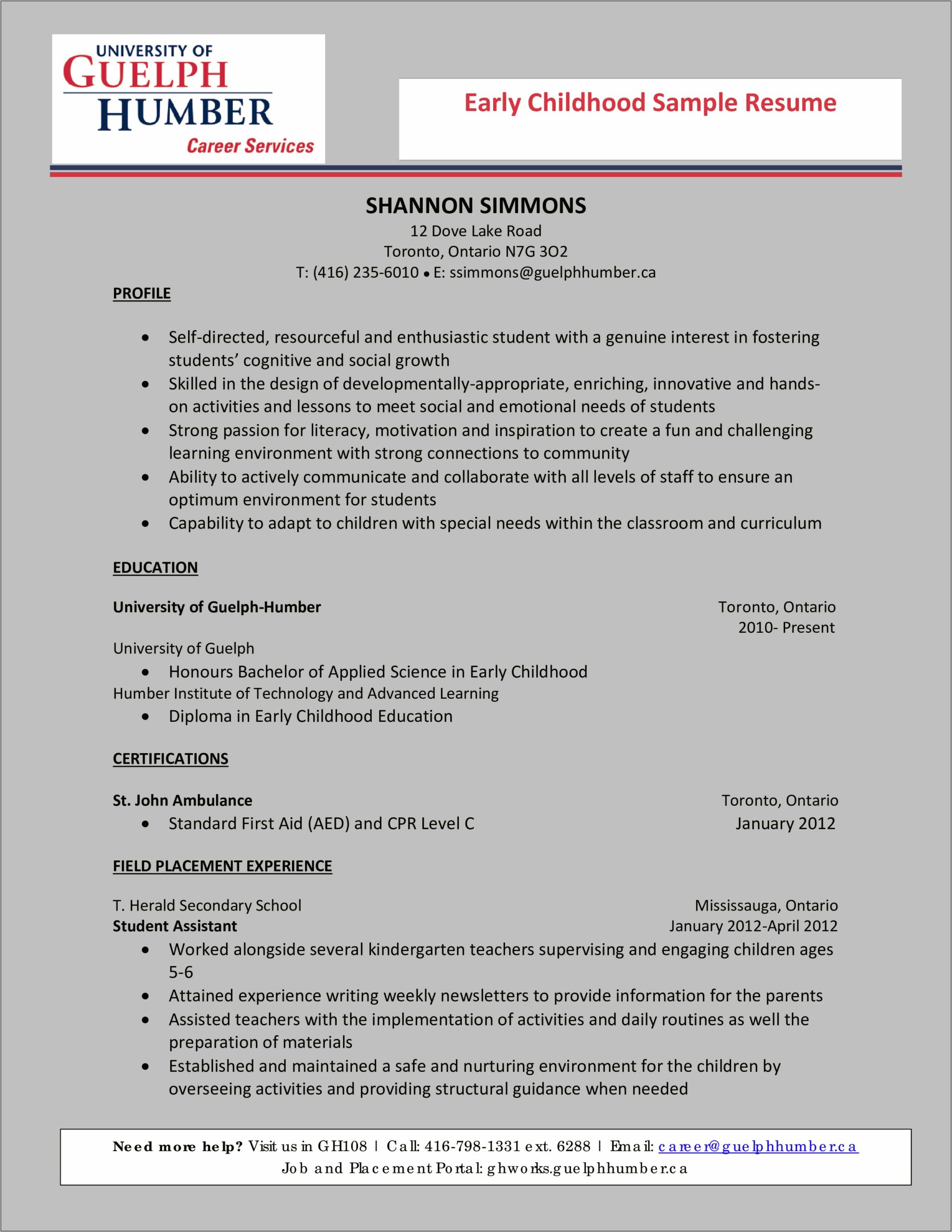 Example Of Resume Early Childhood Teacher