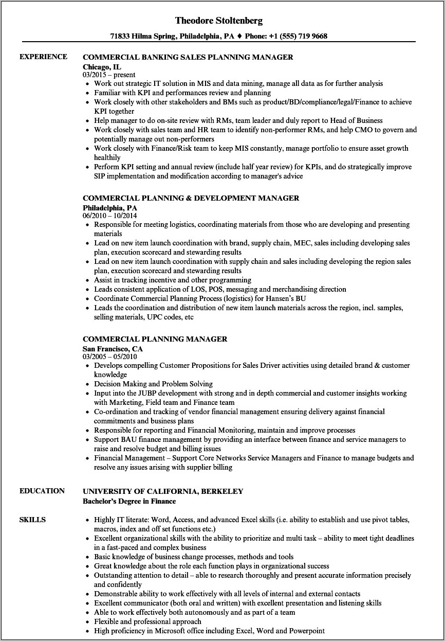 Example Of Resume For A Commercial Coordinator