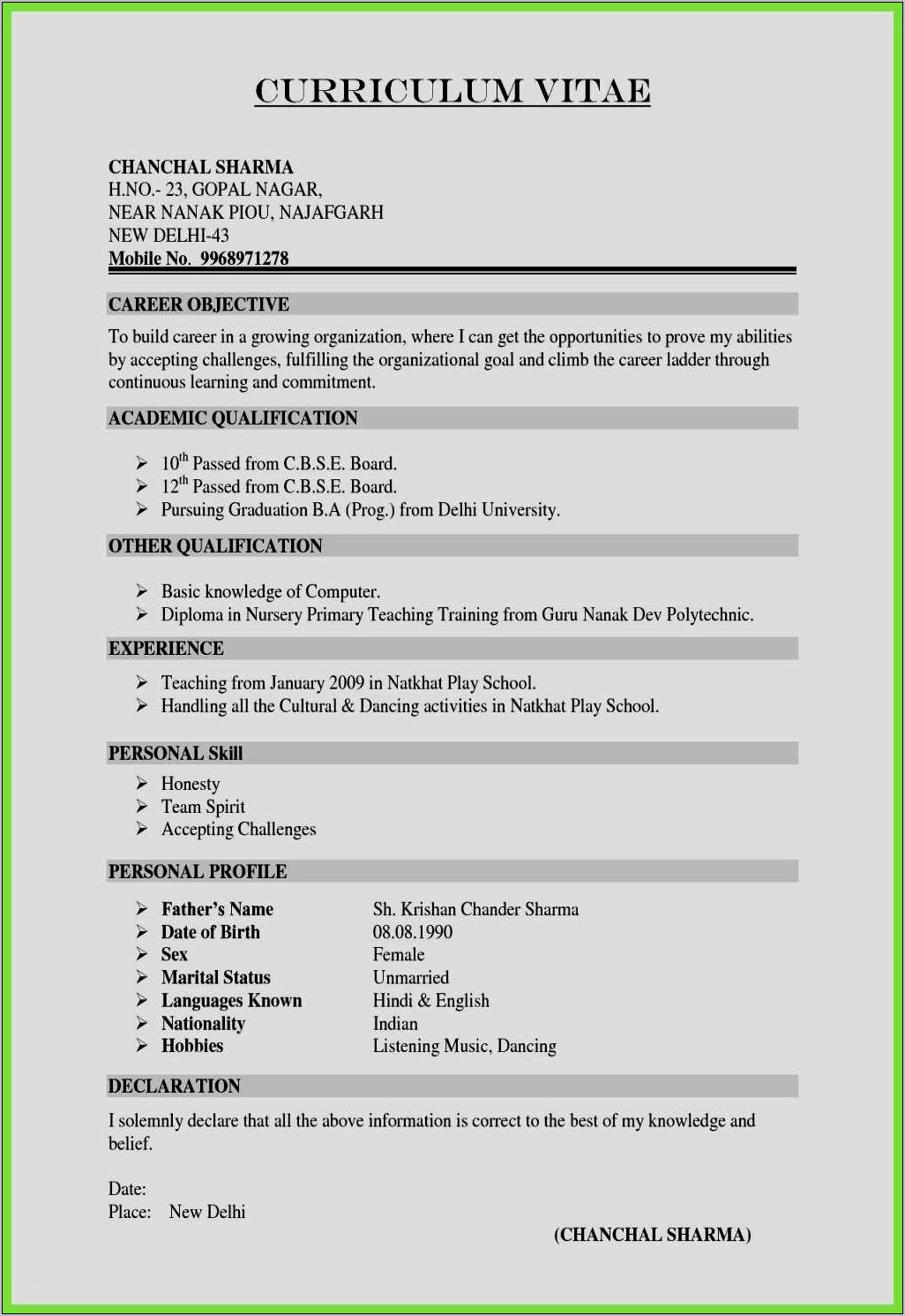 Example Of Resume For A Teaching Job