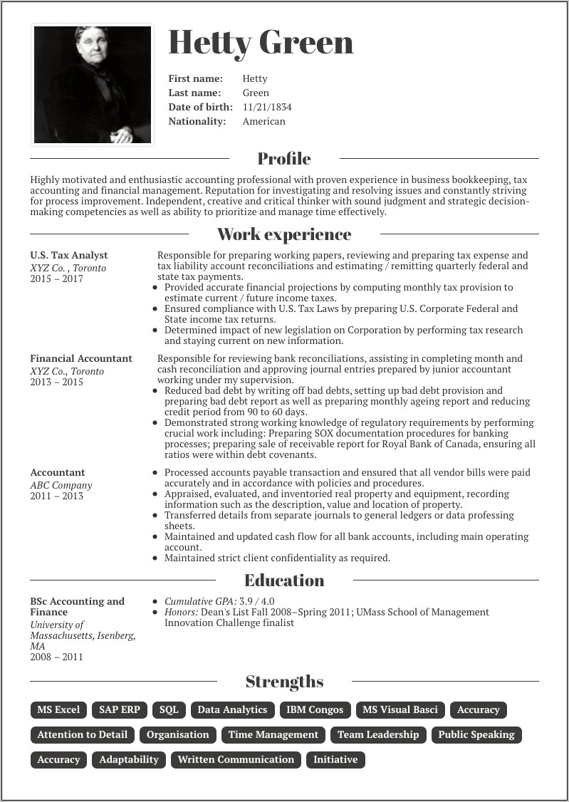 Example Of Resume For Accountant Position