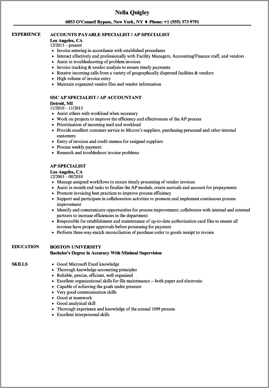 Example Of Resume For Accounts Payable