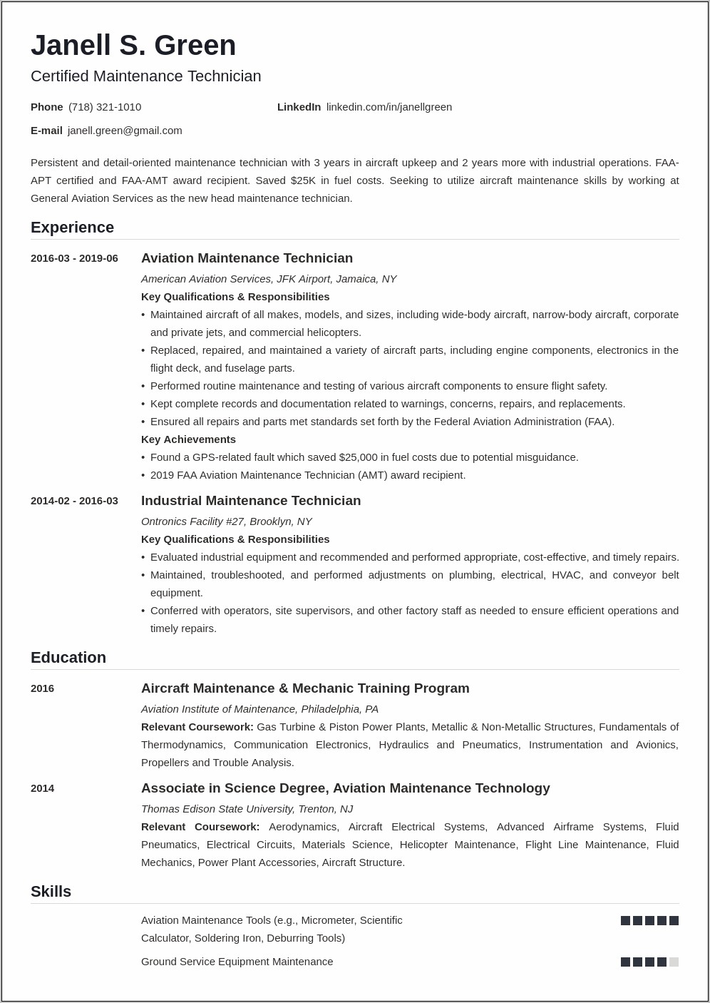 Example Of Resume For Aviation Industry