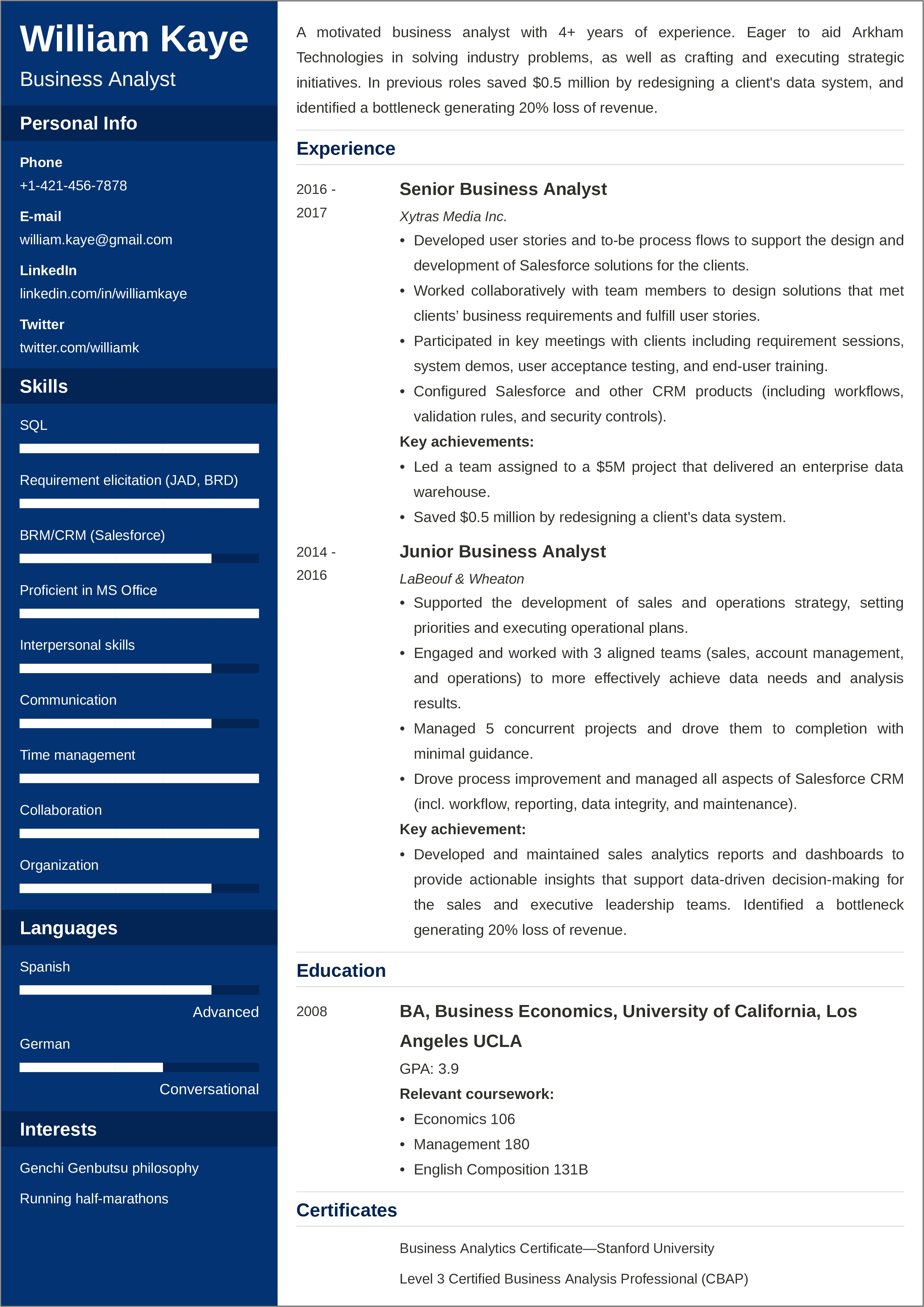 Example Of Resume For Business Students