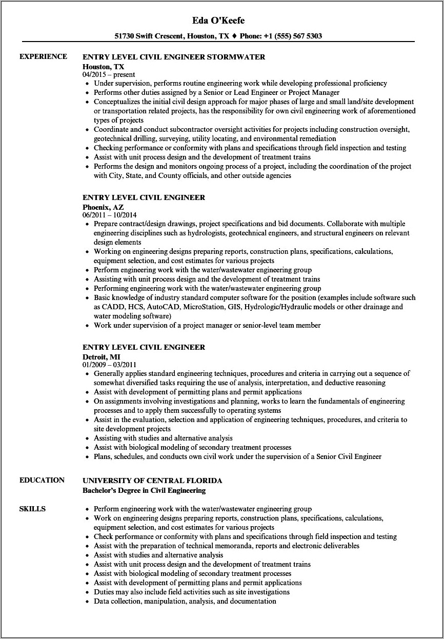 Example Of Resume For Civil Engineering Student