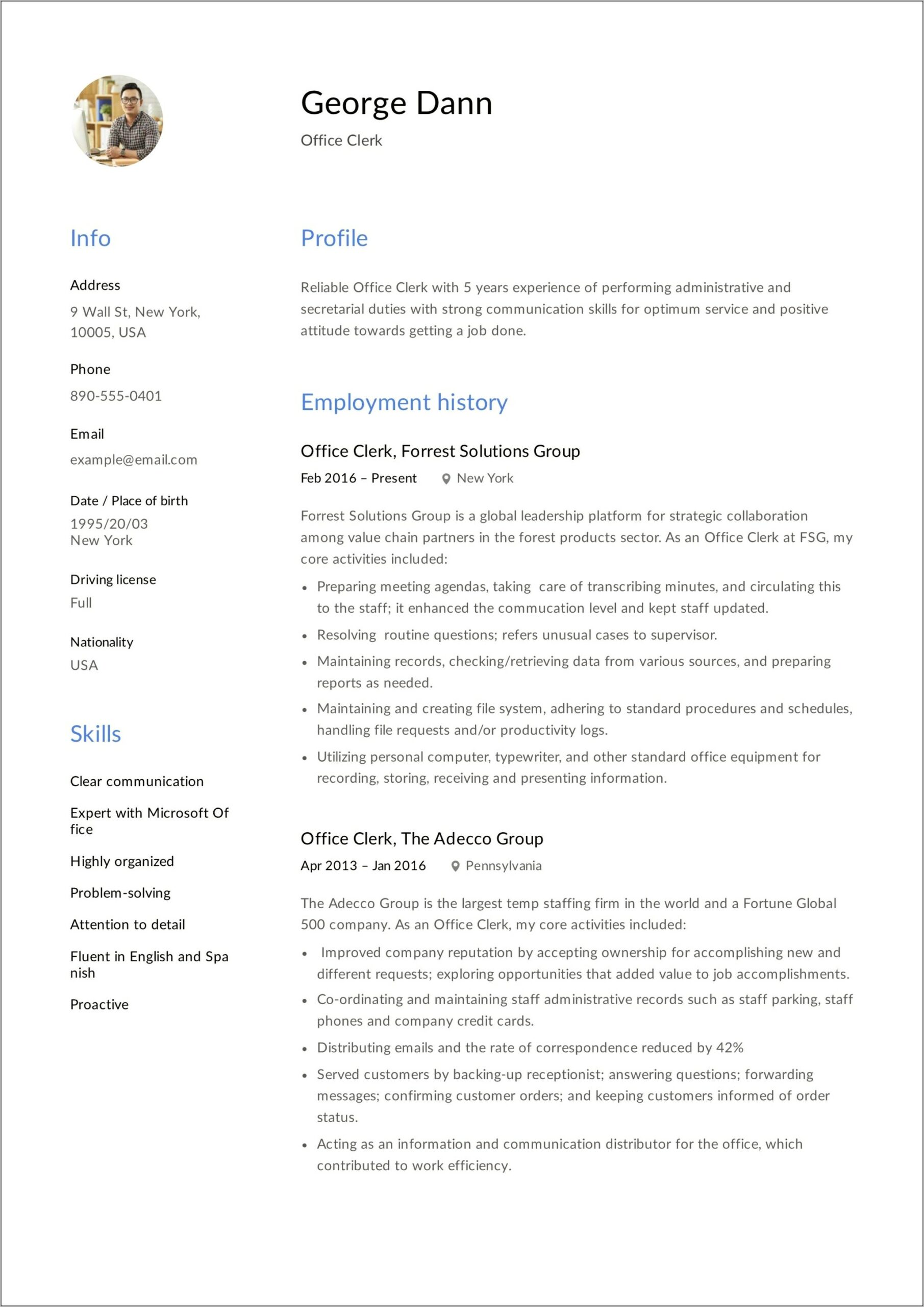 Example Of Resume For Clerk Job