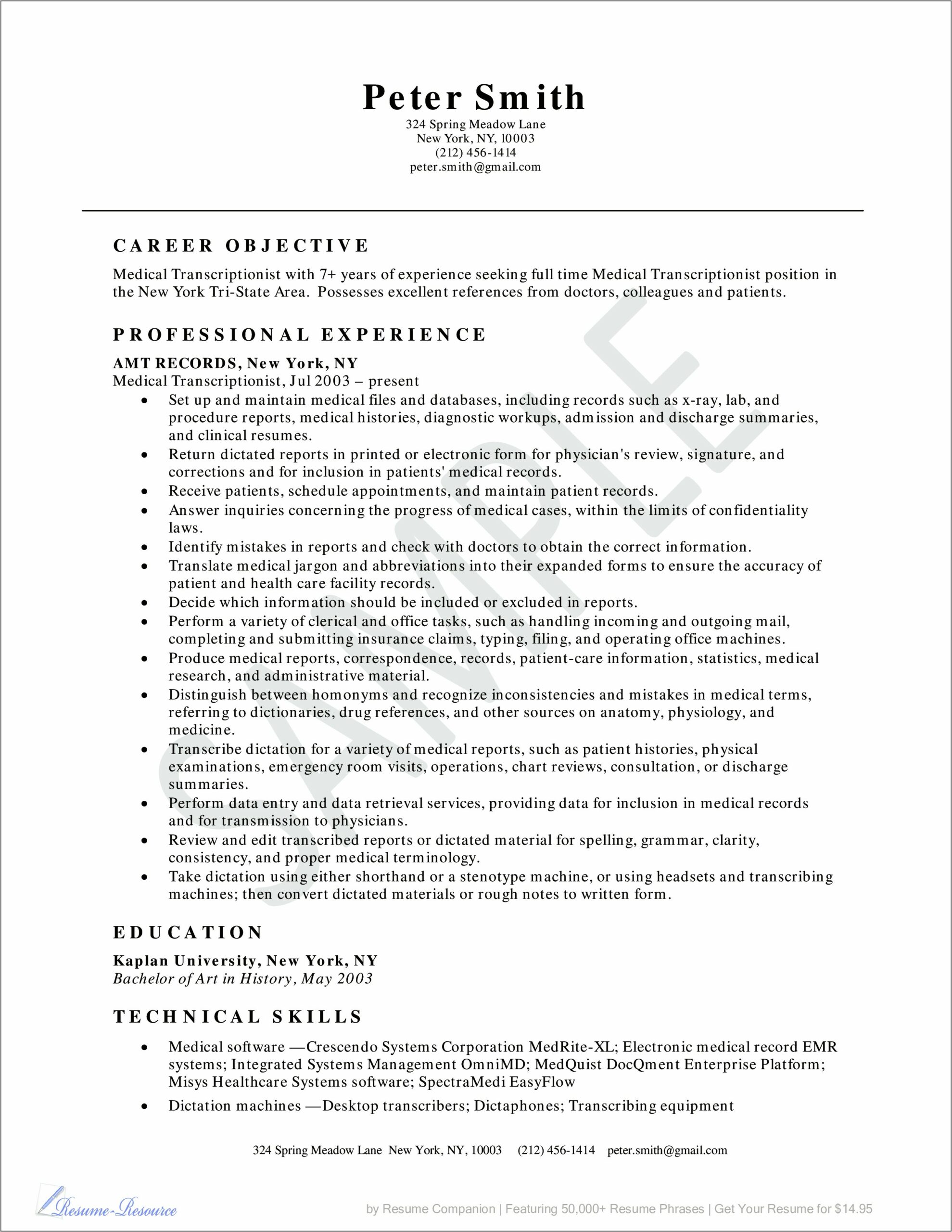 Example Of Resume For Companion Care