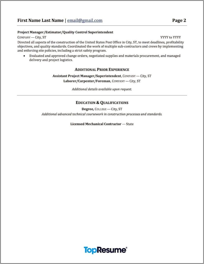Example Of Resume For Construction Job