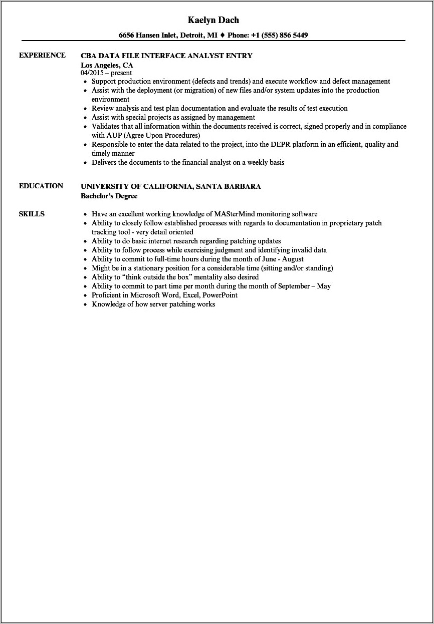 Example Of Resume For Data Entry