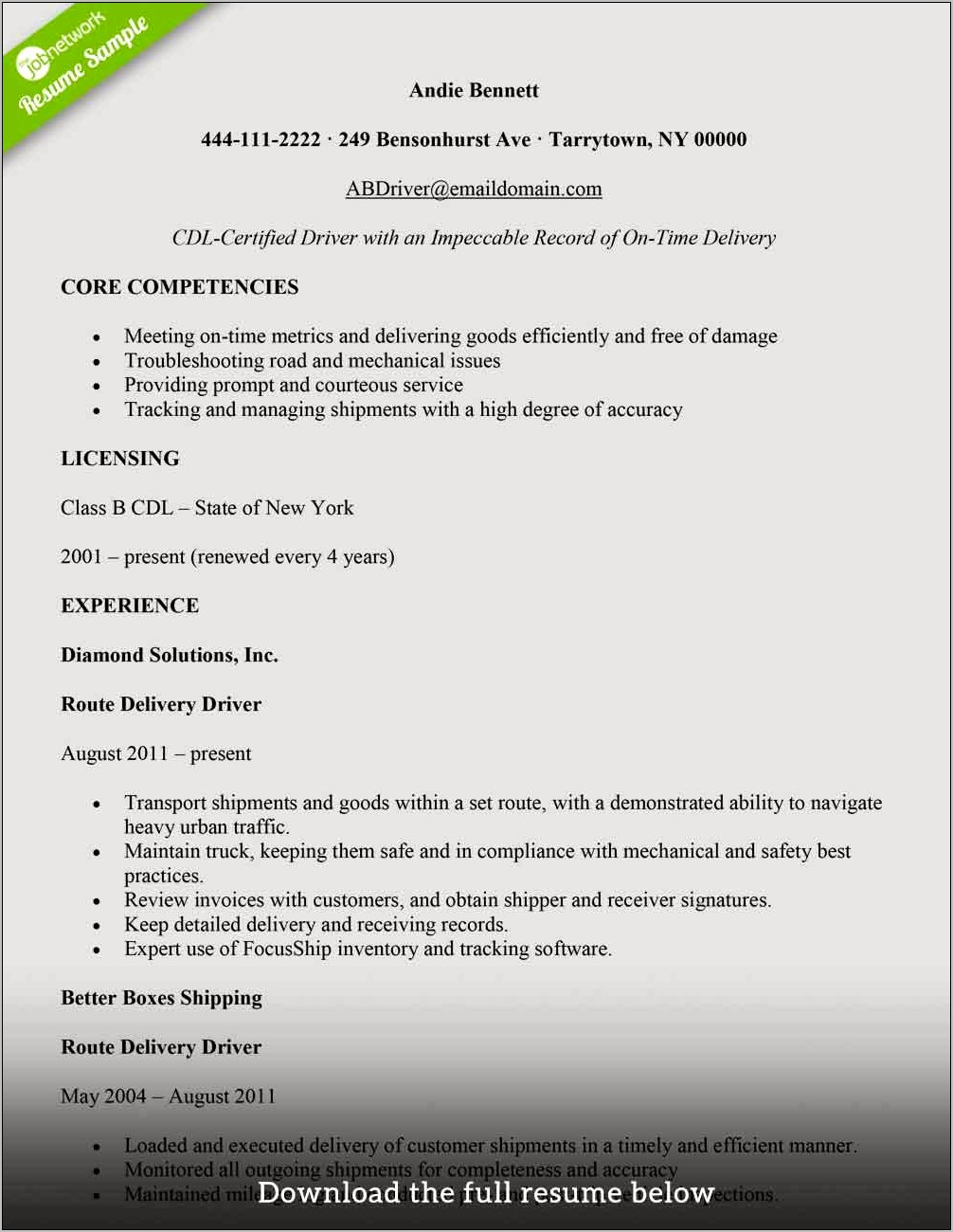 Example Of Resume For Delivery Driver