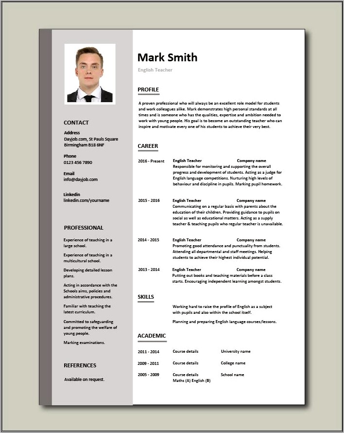 Example Of Resume For English Teachers