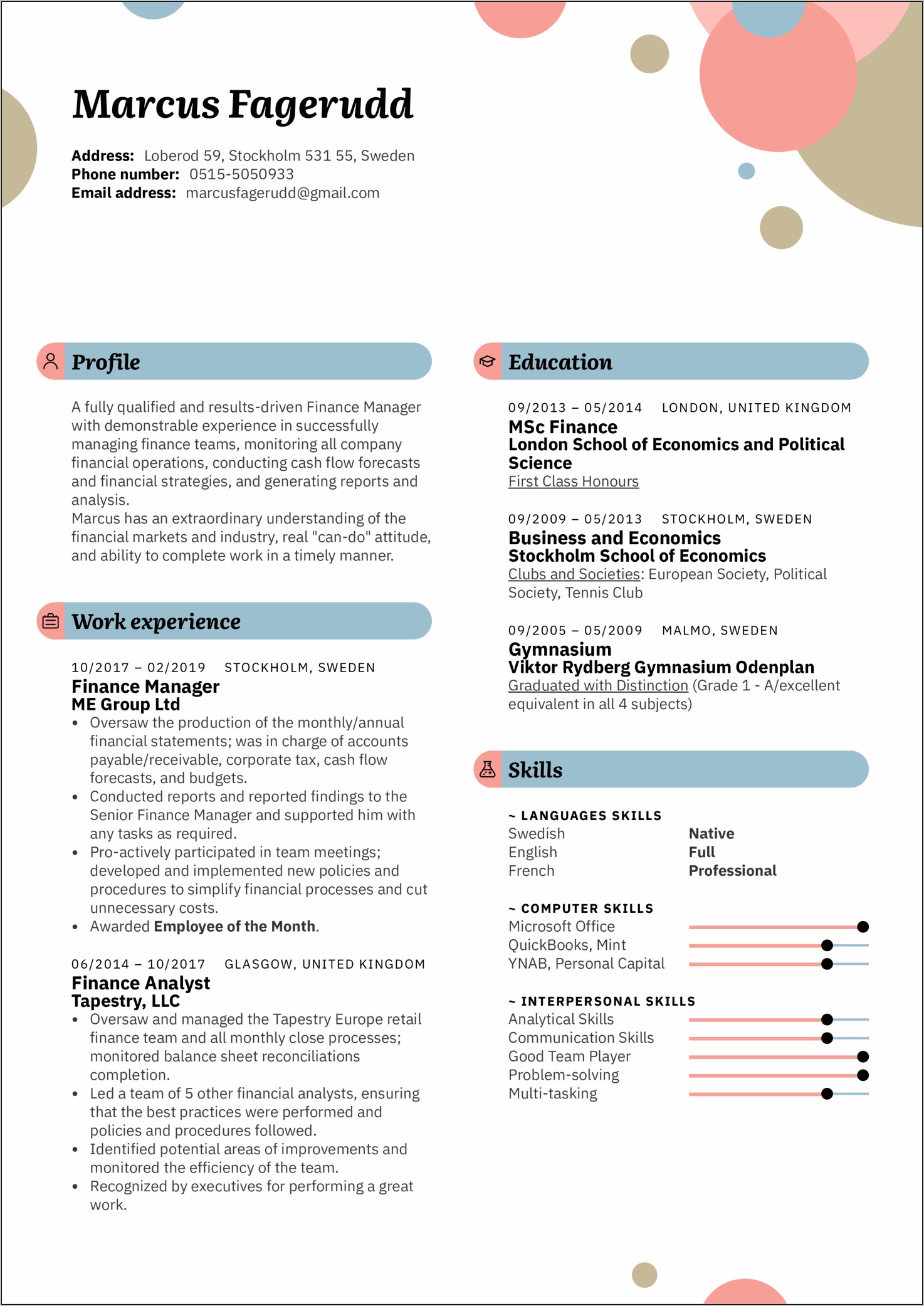 Example Of Resume For Finance Manager