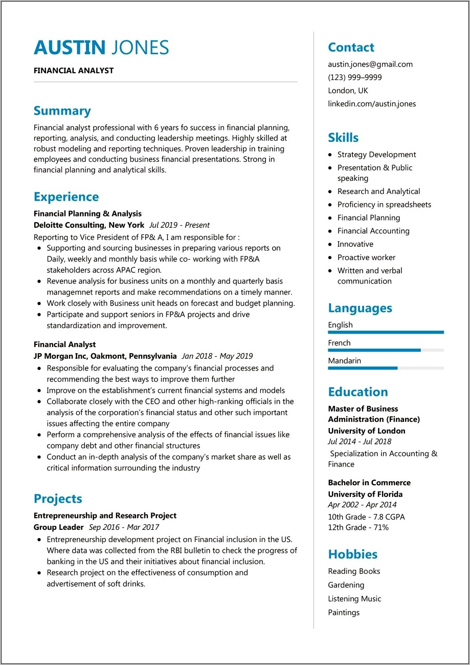 Example Of Resume For Financial Analyst