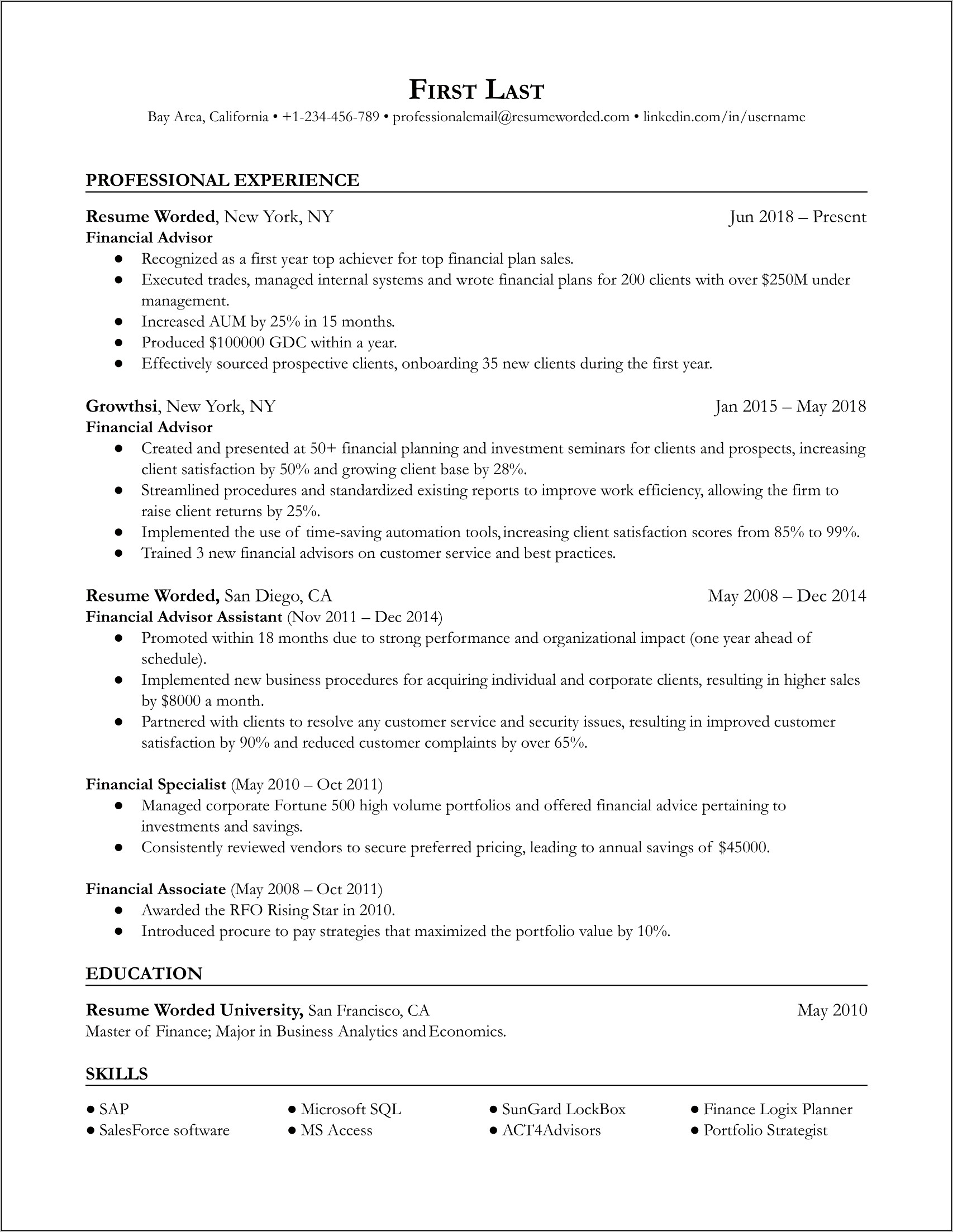 Example Of Resume For Financial Planner