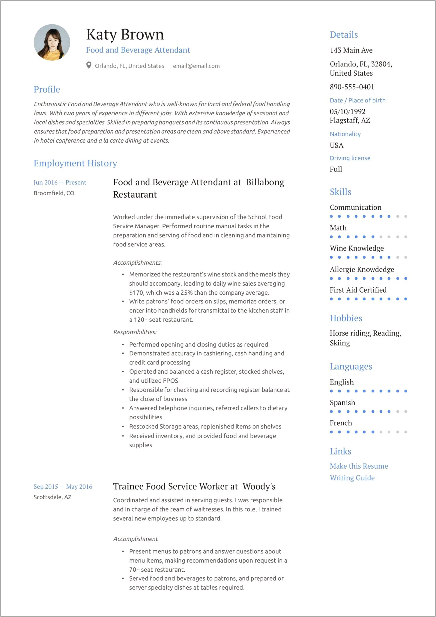 Example Of Resume For Food And Beverage Manager