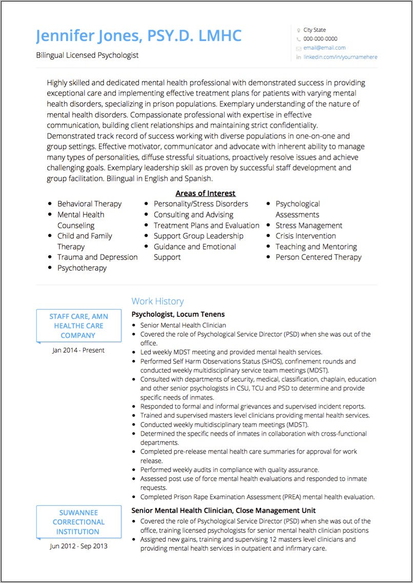 Example Of Resume For For Gradute School Psychology