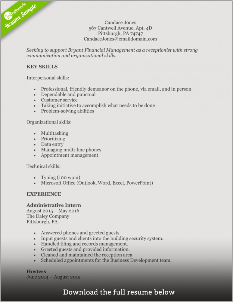 Example Of Resume For Front Desk Receptionist