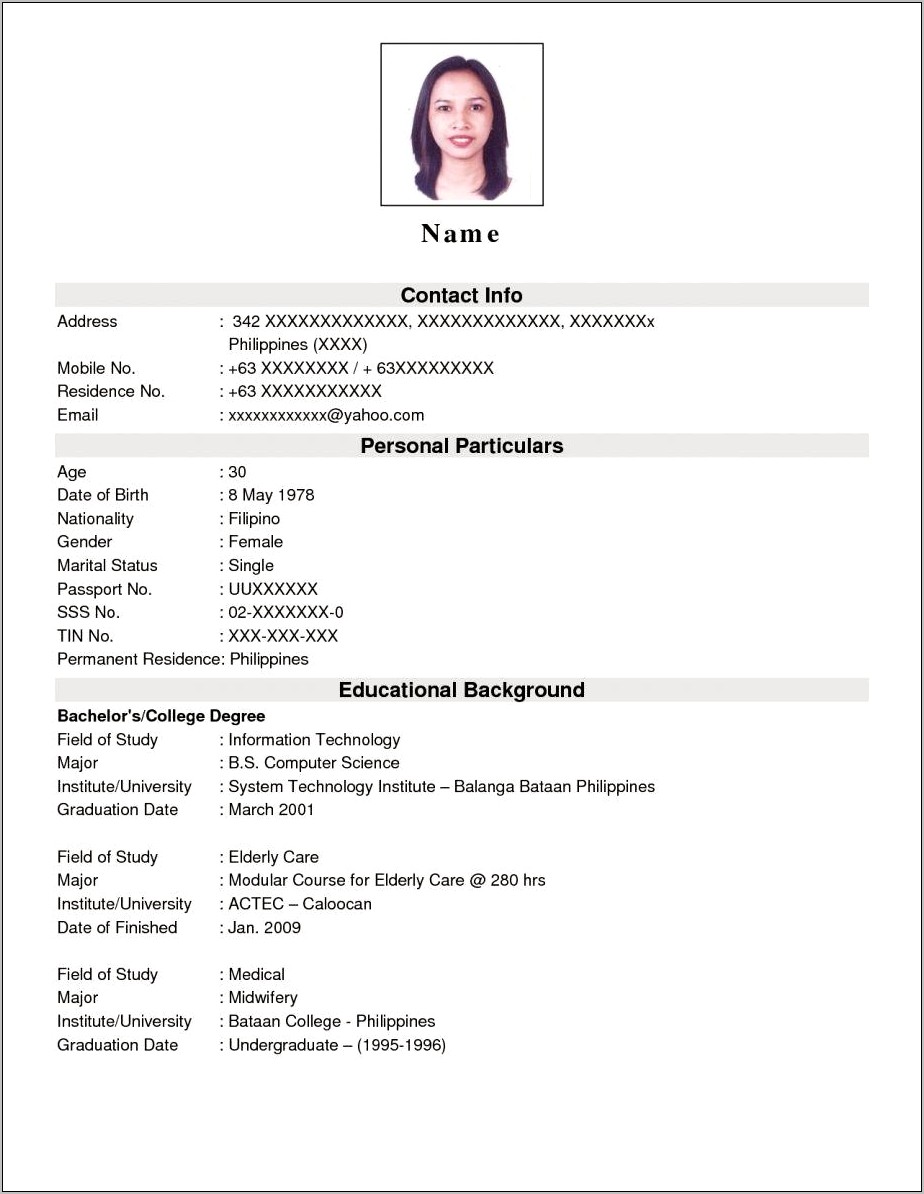 Example Of Resume For Highschool Graduate In Philippines