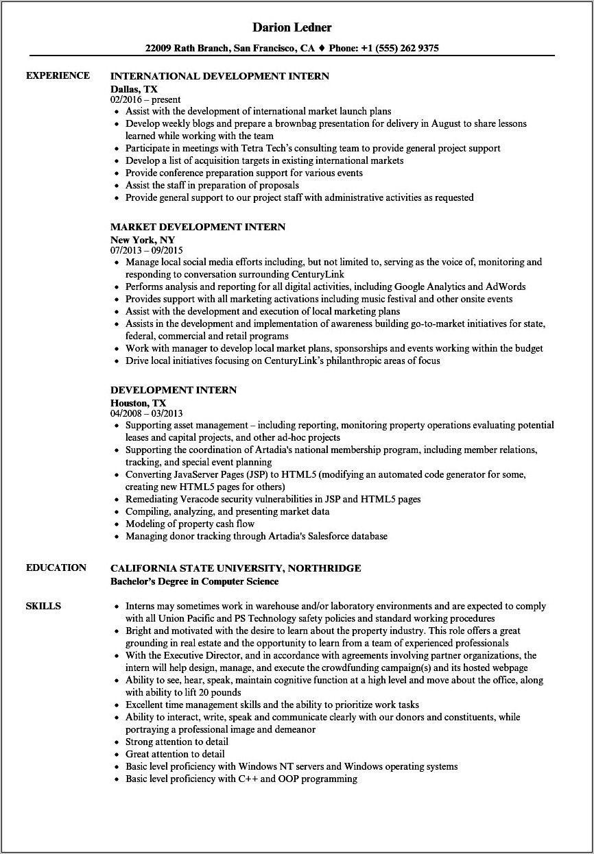 Example Of Resume For Hotel Acquisition Internship
