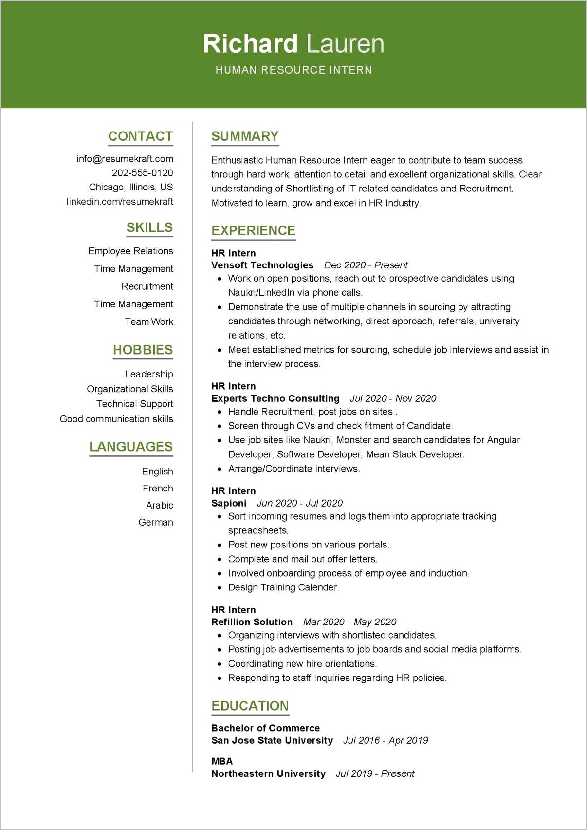 Example Of Resume For Intern