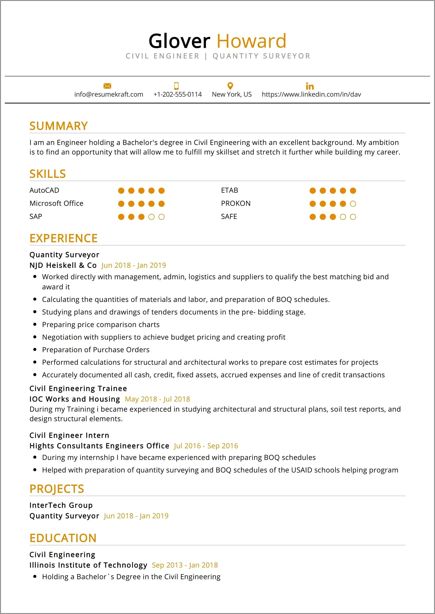 Example Of Resume For Internship Civil Engineer