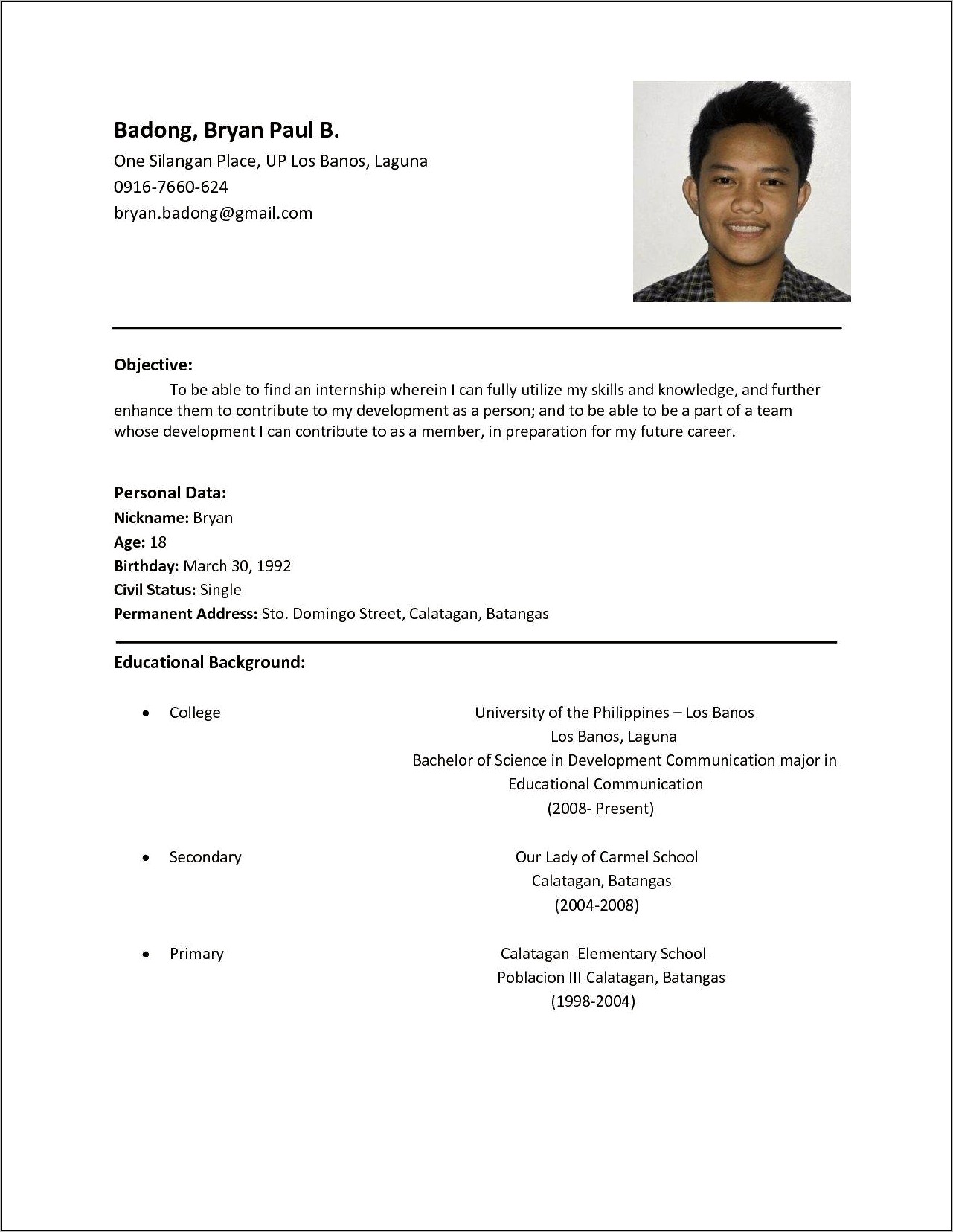 Example Of Resume For Job Application In Philippines