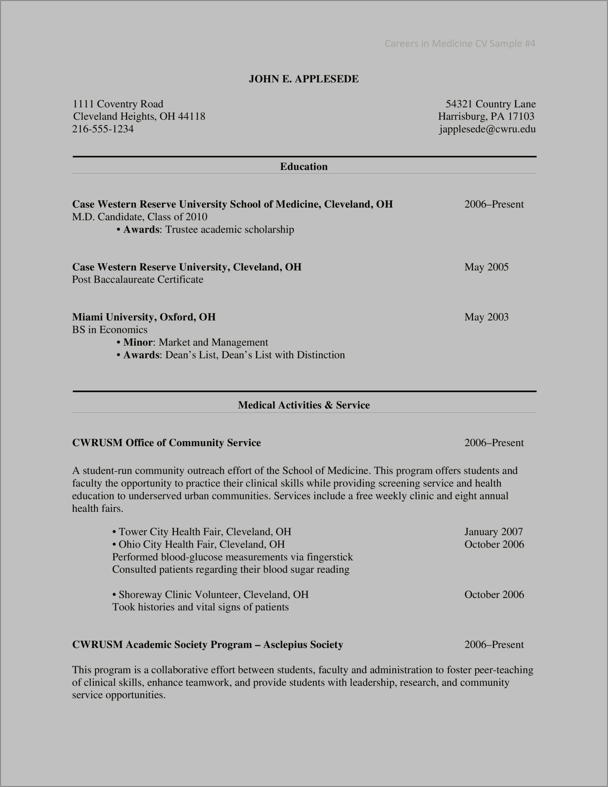 Example Of Resume For Medical Student