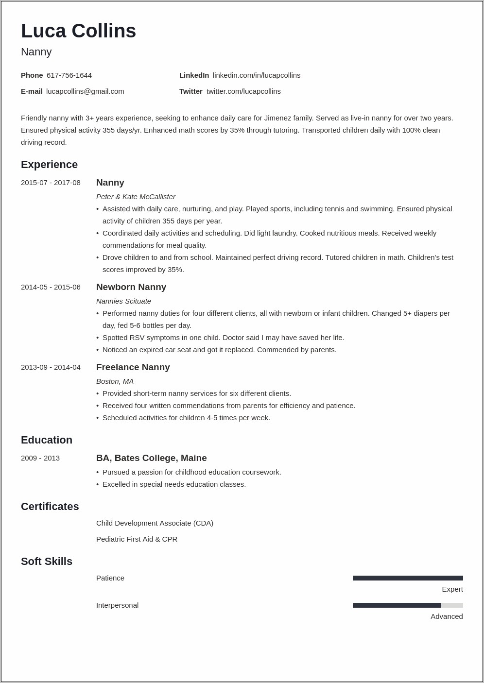 Example Of Resume For Nanny Job