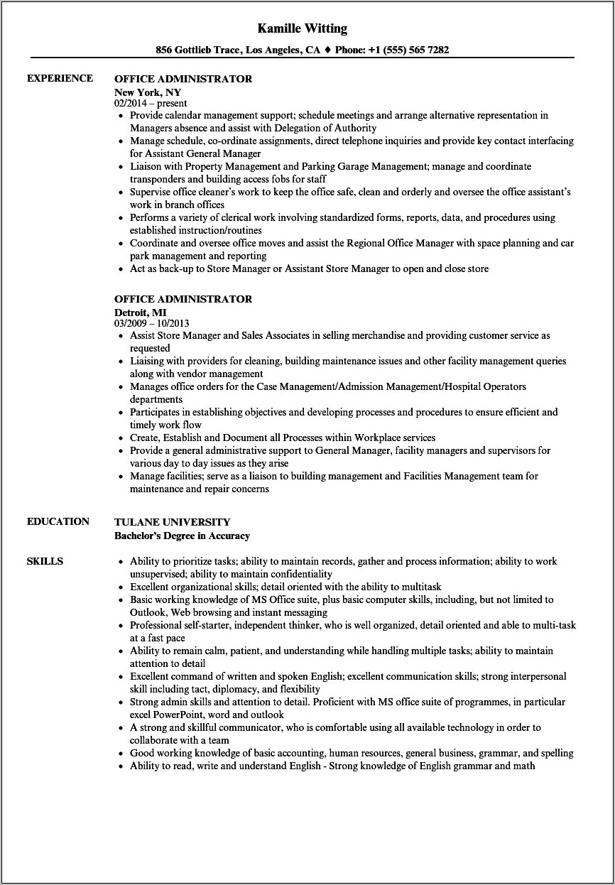 Example Of Resume For Office Administrator Manufacturing