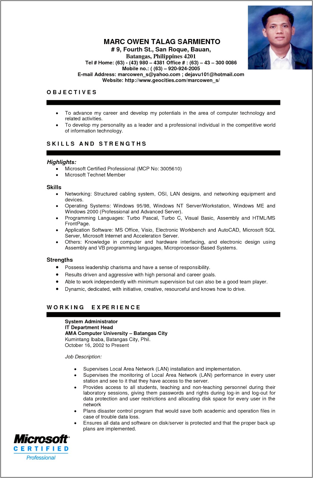 Example Of Resume For Ojt Students
