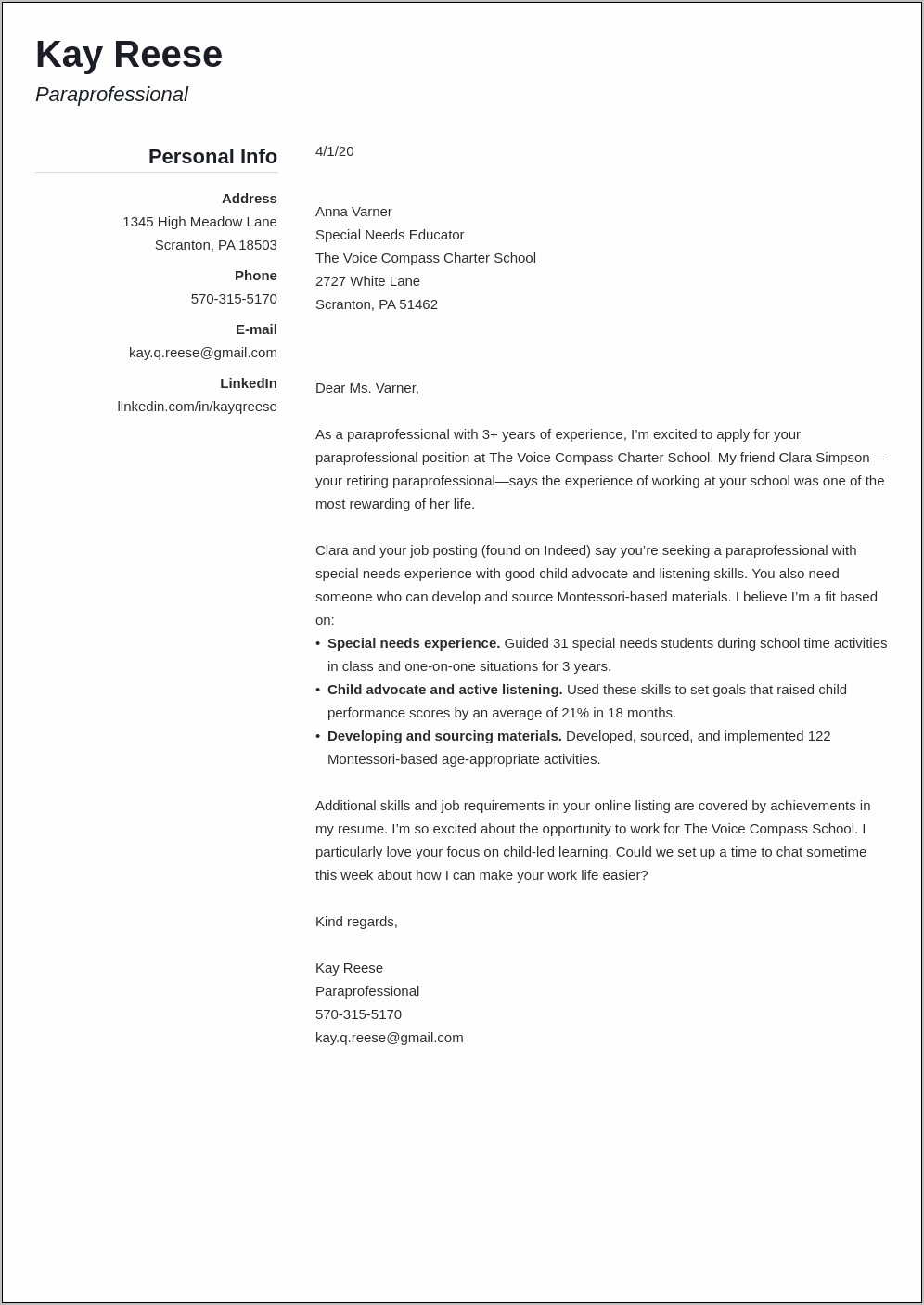 Example Of Resume For Paraeducator In Special Education