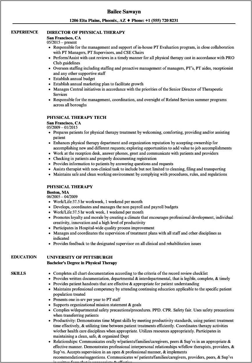 Example Of Resume For Physical Therapist